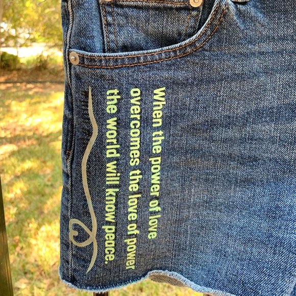 Upcycled Hand Painted Jimi Hendrix Peace Shorts - Picture 2 of 3